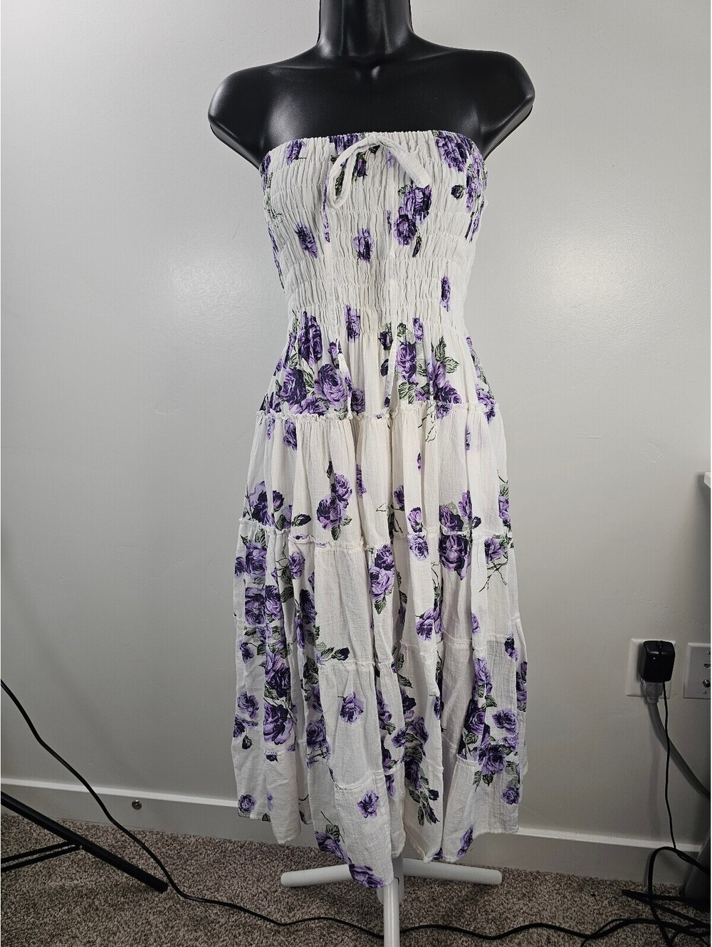 Strapless White Summer Dress with Purple Floral Print, Cotton